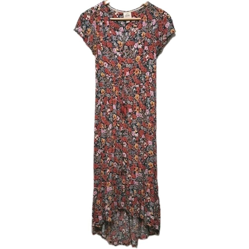 Knox Rose Smocked Waist Midi Dress Womens M Red Floral Gauze High Low Hem Boho